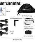 WGenTent XL Generator Running Cover kit contents including canopy, manuals, clamps, rods, and aprons for WGen20000 and WGen14500 series