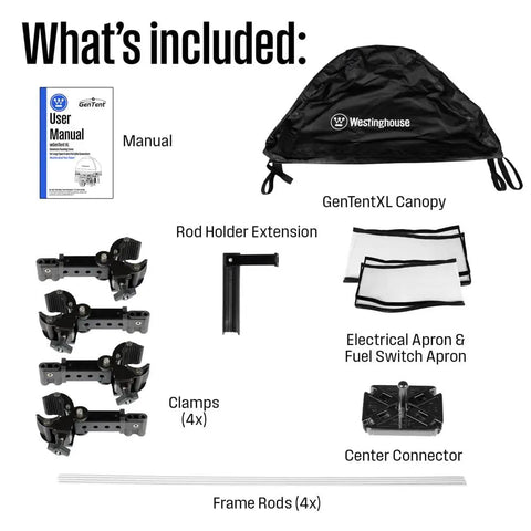 WGenTent XL Generator Running Cover kit contents including canopy, manuals, clamps, rods, and aprons for WGen20000 and WGen14500 series