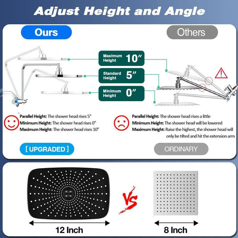 Height and angle comparison of Ultimate Dual Shower Head System With 12 Inch Rectangle Rain Shower Head And Handheld Sprayer
