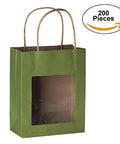 Green Kraft Paper Gift Bags With Handles, Clear Window, Medium Size, 200 Pack Bulk Party Favor Bags for Kids, Eco Friendly Gift Bags