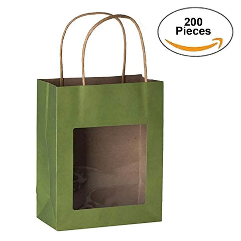 Green Kraft Paper Gift Bags With Handles, Clear Window, Medium Size, 200 Pack Bulk Party Favor Bags for Kids, Eco Friendly Gift Bags