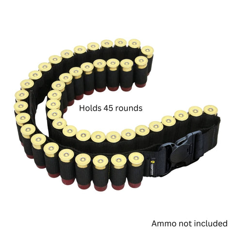 Bandolier Ammo Sling For Shotgun Shells 12 16 20 Gauge Holds 45 Rounds Belt Black Durable Nonslip Elastic Loops With Reinforced Stitching