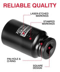 Badass Six Point Metric Impact Socket For Axle Nuts With One Half Inch Drive And Thirty Two Millimeter Deep Design showing laser-etched markings.