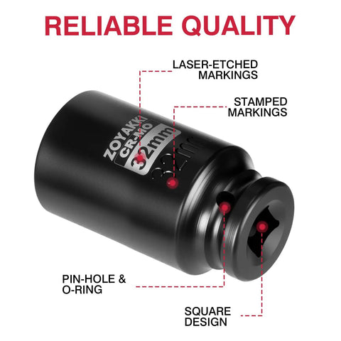 Badass Six Point Metric Impact Socket For Axle Nuts With One Half Inch Drive And Thirty Two Millimeter Deep Design showing laser-etched markings.