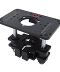 Heavy Duty Router Lift System With Precision Table Plate And Three Insert Rings For Effortless Woodworking Projects showing black steel frame and adjustable lift mechanism.