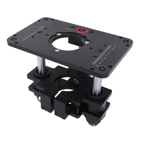 Heavy Duty Router Lift System With Precision Table Plate And Three Insert Rings For Effortless Woodworking Projects showing black steel frame and adjustable lift mechanism.