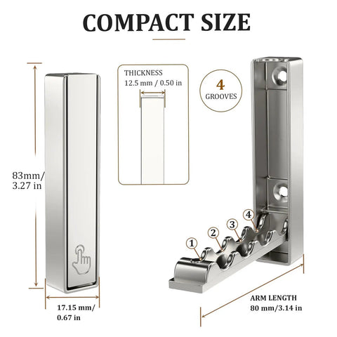 Top Shelf Fold Down Wall Hooks For Heavy Jackets And Keys Set Of Four Brushed Silver Zinc Alloy Rectangular Rack showing compact design and dimensions.