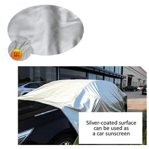 Silver-coated car tarp in use as sunscreen, close-up of fabric, shown on parked car, PUF 50+ rating visible.