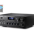 Front view of Bluetooth 5.0 Stereo Amplifier Receiver for Karaoke and Home Theater, 2 Channel 400W Peak Power, USB SD AUX inputs.