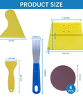 Product size diagram showing scraper, sandpaper and tools included in Heavy Duty Drywall Patch Kit With Scraper And Sandpaper 17 Oz Spackle Paste For Wall Holes And Creases Quick Easy DIY Fix With Tools Included No Shrinking Or Cracking Pro Grade Mend That Lasts.