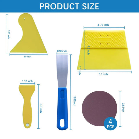 Product size diagram showing scraper, sandpaper and tools included in Heavy Duty Drywall Patch Kit With Scraper And Sandpaper 17 Oz Spackle Paste For Wall Holes And Creases Quick Easy DIY Fix With Tools Included No Shrinking Or Cracking Pro Grade Mend That Lasts.