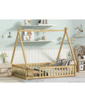 Tent Shaped Floor Bed With Guardrails And Slats For Privacy And Safe Sleep, Durable Rubber Wood And Plywood Frame