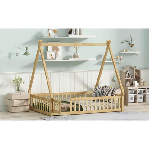 Tent Shaped Floor Bed With Guardrails And Slats For Privacy And Safe Sleep, Durable Rubber Wood And Plywood Frame