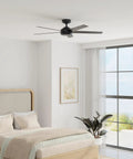 Hunter 52 inch Indoor Ceiling Fan and Remote Control, Embrook Matte Black Ceiling Fan in modern bedroom setting.