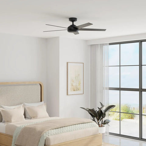 Hunter 52 inch Indoor Ceiling Fan and Remote Control, Embrook Matte Black Ceiling Fan in modern bedroom setting.