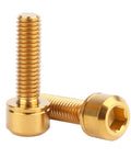 Top Shelf Titanium Hex Screws with Stigma Chamfer Heads plus Washers M5x18mm on a white background, showing gold finish and hex heads.