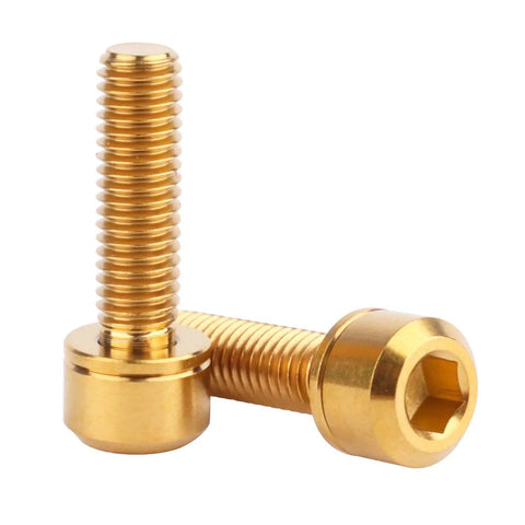 Top Shelf Titanium Hex Screws with Stigma Chamfer Heads plus Washers M5x18mm on a white background, showing gold finish and hex heads.