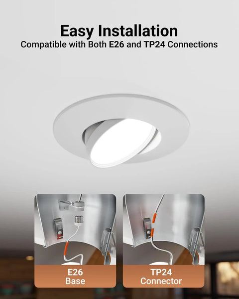 E26 and TP24 connectors for 5 To 6 Inch LED Can Recessed Light Retrofit Kit With Gimbal Downlight 800 Lumen Output 12W