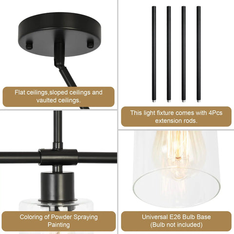 Details of Three Light Modern Chandeliers For Kitchen Island Pendant Lighting, showing base, rods, and glass shade.