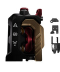 DXC2 Magnetic Extruder Upgrade For Creality K2 Series 3D Printers in black and gold with components for screwless maintenance.