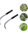 10 Piece All In One Mowing Sickle Set With Rustproof Harvesting Tools For Gardening And Weeding Comfortable Handy One Hand Grip And Solid Wood Non Slip Handles For Efficient Yard Work, showing two sickles and usage in gardens