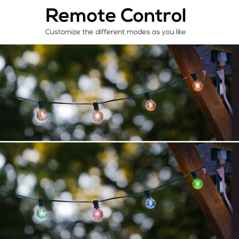 48Ft Outdoor String Lights With Warm White And RGB 2 In 1 Bulbs Remote Dimmer Shatterproof Bulbs strung on a patio frame