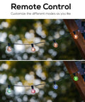 Colored Outdoor String Lights 97 Feet With Warm White And RGB Bulbs, Remote, Dimmable, Shatterproof on a wooden beam