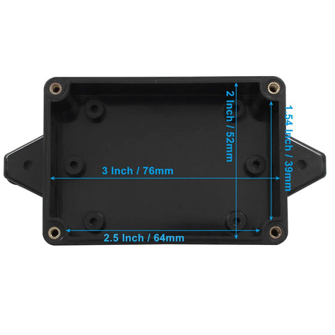 Interior view of 4 Pack IP65 Waterproof Junction Boxes Outdoor Project Case Made From Durable ABS Plastic With Fixed Ears, 3.3 x 2.3 x 1.3 Inch Electrical Utility Box For Weatherproof Outdoor Power Junctions, Black showing dimensions.