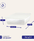 4 Pack SnapLock Clear Plastic Storage Bins With Lids 28-Quart Stackable Containers showing dimensions and set quantity.