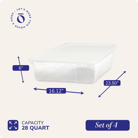 4 Pack SnapLock Clear Plastic Storage Bins With Lids 28-Quart Stackable Containers showing dimensions and set quantity.