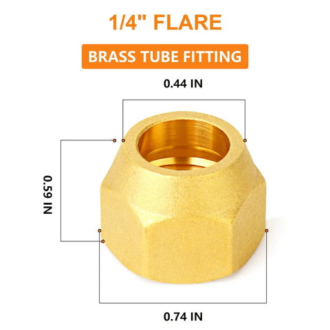 Grease Monkey Approved 10 Piece Beefy Brass 45 Degree Flare Tube Fittings One Quarter Inch Sae Copper Pipe Extenders close-up of brass fitting.