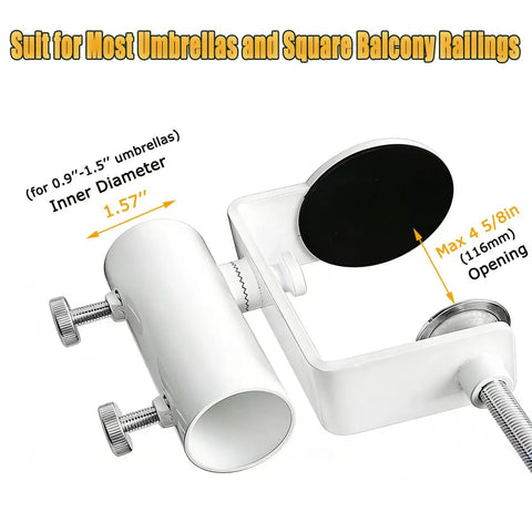 Heavy Duty Patio Umbrella Clamp In Rustproof Steel With 360 Degree Rotation Railing Holder For Balcony Fence Bleachers And Outdoor Deck Easy Install And Secure Grip shown with dimensions for fitting umbrellas.