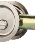 Round Privacy Pocket Door Latch With Sliding Handle, Aged Satin Nickel Finish, 2-3/8 Backset, Side View of Locking Mechanism