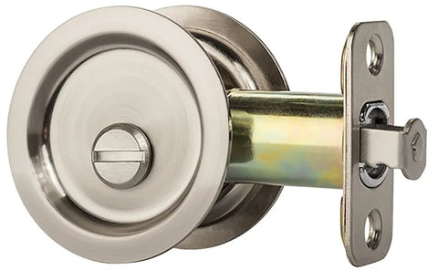 Round Privacy Pocket Door Latch With Sliding Handle, Aged Satin Nickel Finish, 2-3/8 Backset, Side View of Locking Mechanism