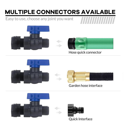 Rain Barrel Spigot Kit 2 Pack Easy Hookup Three Quarter Inch Garden Hose Shut Off Valves with Multiple Connectors Display