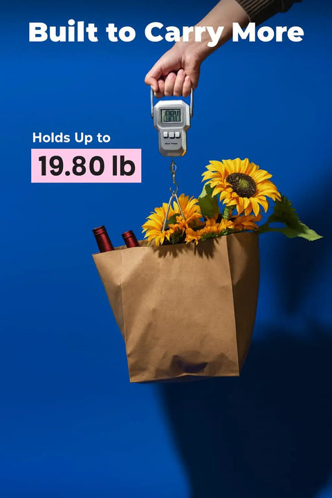 Heavy Duty Kraft Paper Bags With Handles 10 x 7 x 12 Inches, 250 Pack Brown Shopping Bag holding bottles and sunflowers, 19.80 lb weight