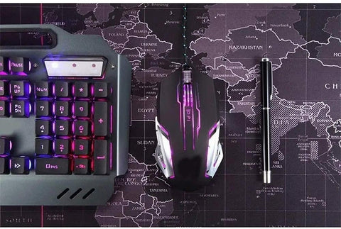 Top Tier Gaming Keyboard And Mouse Combo Featuring Colorful Breathing RGB Backlights And High Response Mouse on a desk.