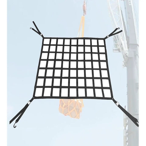 Heavy Duty Hanging Cargo Lifting Net Built Tough With Tear Resistant Safety Straps 1X1M Durable Polyester Mesh with hooks for lifting.