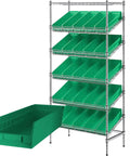 Badass 18 By 36 By 74 Heavy Duty Garage Shelving Rack With Twenty Five Durable Storage Bins And Sturdy Steel Frame For Shop Warehouse Tool Organization That Is A Total Game Changer In Green with green bins and chrome frame