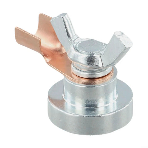 Super Magnetic Welding Ground Clamp with silver finish and copper connection for quick metal attachment.