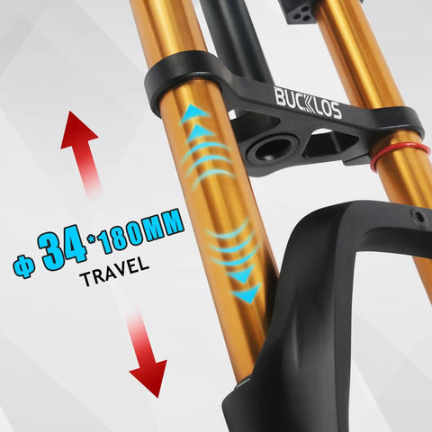 Beefed Up 26 Inch Fat Tire Electric Bike Front Fork With Air Suspension, 180mm Travel, black and orange design detail