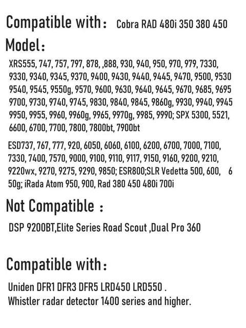 Radar Detector Power Cord compatibility list including Cobra RAD and Uniden models, detailing specific compatible and incompatible models.