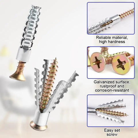 Tree Shaped Steel Hollow Wall Anchors With Screws Kit For Wood Brick Reinforced Concrete And Hollow Walls 0.31x1.26 Inch 100 Pcs, with screws and expansion feature visible.