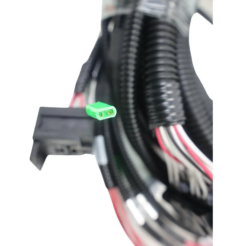Close-up of wiring harness connector with green terminal, compatible with Top Tier Operator Safety Harness 100698GT Replacement Exact Fit For Genie Lift.