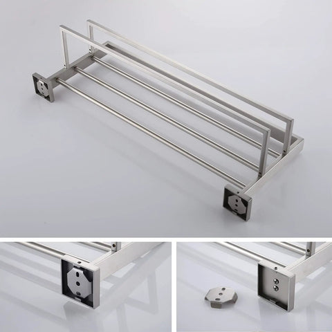 24 Inch Double Towel Rack And Shelves In Brushed Nickel Stainless Steel Wall Mount With Rustproof SUS304 Two Bars Bath Organizer