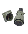 Olive green MIL-C circular connector pair: panel-mount receptacle and mating plug, 28-pin.