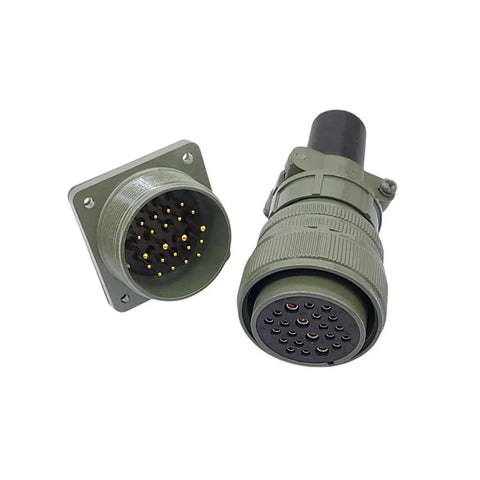 Olive green MIL-C circular connector pair: panel-mount receptacle and mating plug, 28-pin.