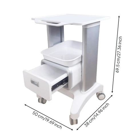 Straight Up Perfect Beauty Salon Cart Featuring Smooth Rolling Trolley Pull Out Drawer And Roomy Top Tray For Cosmetics with dimensions.