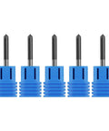 Five 1/8-inch solid carbide end mills, 4-flute chamfer, in blue plastic holders