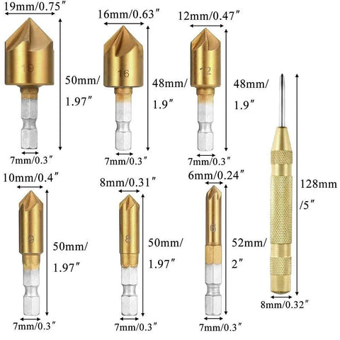 23 Pack Heavy Duty Woodworking Chamfer Drill Bit Set With Auto Feed Countersink Bits and Wood Plug Cutter, various sizes.